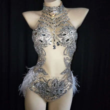 #X308 Lady Gaga- Sparkly Silver Crystals Mesh Showgirl Bodysuit with Feathers -Stage- Party- Dance Costume