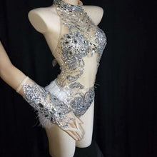 #X308 Lady Gaga- Sparkly Silver Crystals Mesh Showgirl Bodysuit with Feathers -Stage- Party- Dance Costume