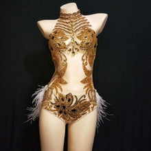 #X308 Lady Gaga- Sparkly Silver Crystals Mesh Showgirl Bodysuit with Feathers -Stage- Party- Dance Costume