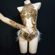 #X308 Lady Gaga- Sparkly Silver Crystals Mesh Showgirl Bodysuit with Feathers -Stage- Party- Dance Costume