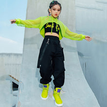 #H5311 Girls Hip Hop Green Top Net Sleeve- Black Hip Hop Pants