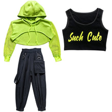 #H5311 Girls Hip Hop Green Top Net Sleeve- Black Hip Hop Pants