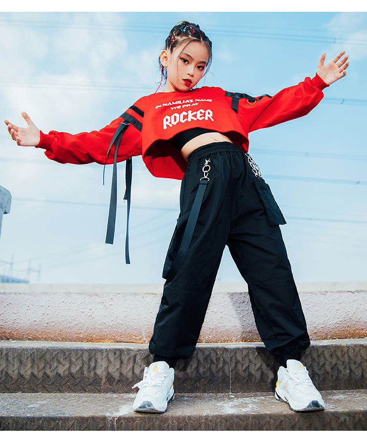 Obsessions #H5301 Girls Hip Hop Red Top- Black Pants- Casual Street Dance  Wear -Jazz Performance Clothes