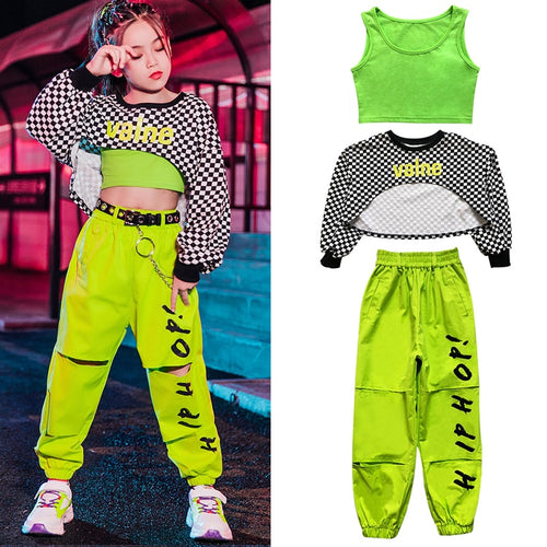 #H5299 Girls Hip Hop -Jazz -Street Costume- Lattice Tophip- Fluorescent Green Pants