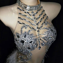 #X308 Lady Gaga- Sparkly Silver Crystals Mesh Showgirl Bodysuit with Feathers -Stage- Party- Dance Costume