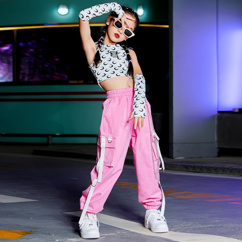 Kpop Kids Hip Hop Dance Clothes For Girls Black Crop Tops White Pants  Modern Jazz Stage Costume Girl Street Dance Outfit