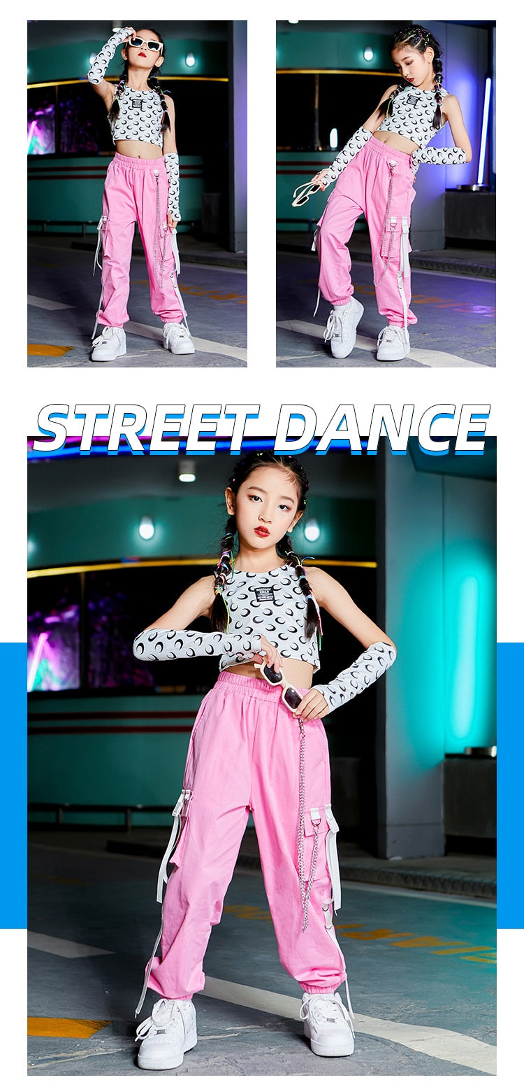 Hip Hop Kids Costume Girls Jazz Dance Clothes Long Sleeves Pink Kpop Outfit  Crop Tops Pants Autumn Streetwear Show Suit size 170cm Color Tops-Pants 2pcs