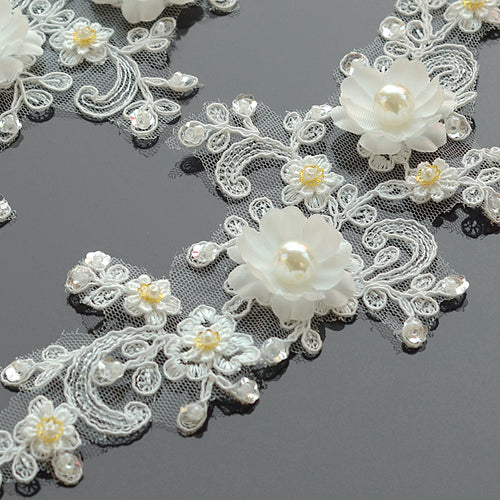 Obsessions 2Pcs 3D Beaded Lace Appliques Embroidered Sequins Flowers